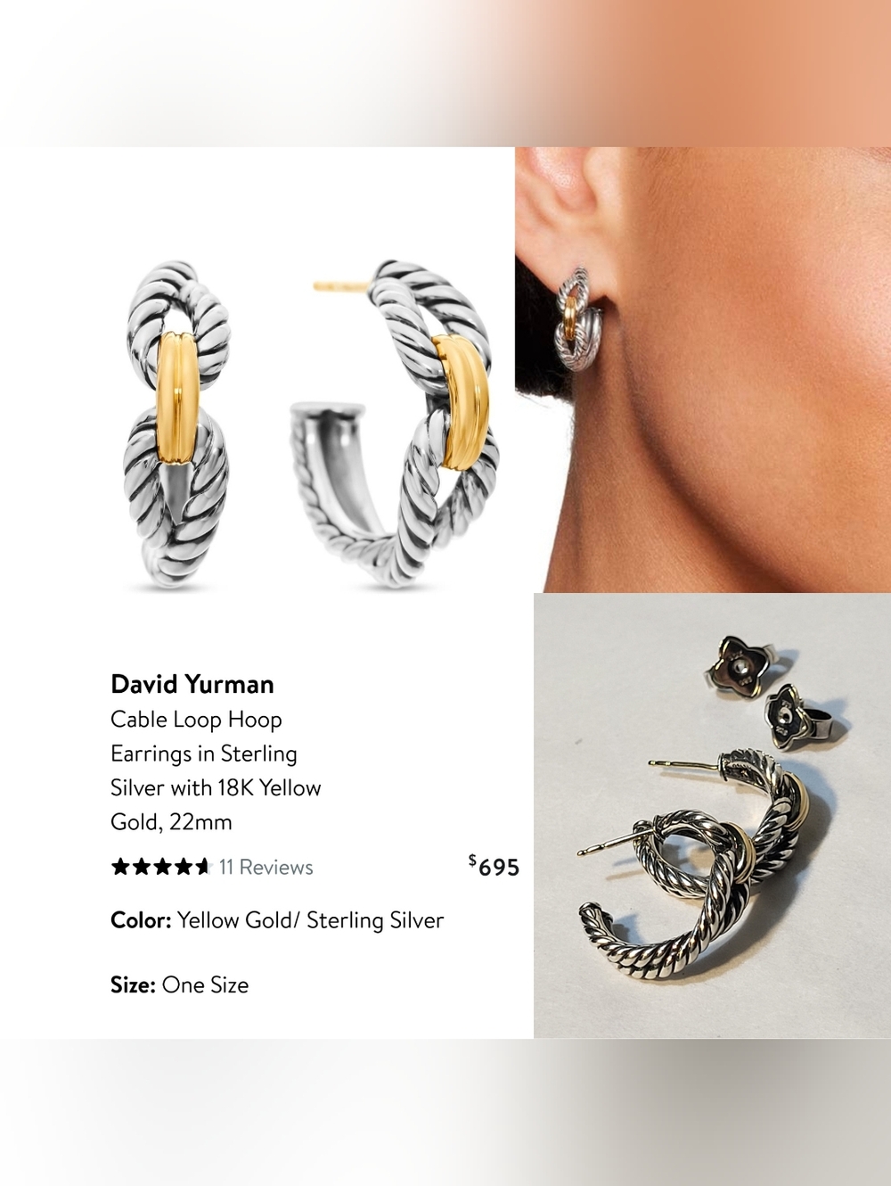 David Yurman Two-Tone Cable Loop Hoop Earrings - Yellow Gold & Sterling Silver